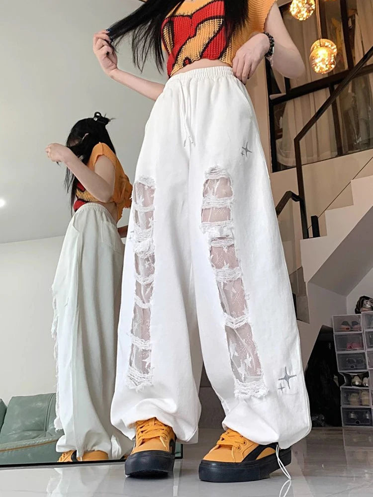 Bxoxo Y2K Hole Wide Leg Pant Women Streetwear Loose High Waist Lace Patchwork Trouser American Vintage Casual Harajuku Bf Pants