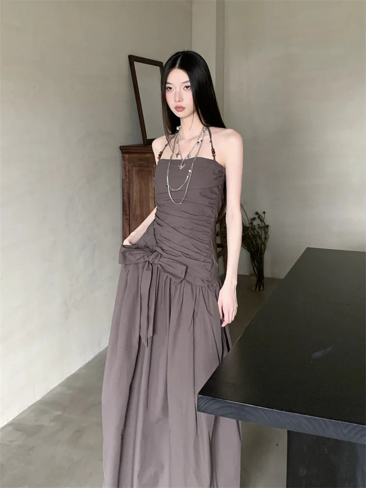 Bxoxo Ruched Backless Halter Maxi Dress For Woman Summer 2025 Tunic Ball Gown Strapless Long Dress Elegant Party Clothes