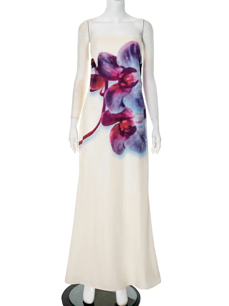 BXOXO Floral Print Strapless Sexy Maxi Dress For Women Gown Off-shoulder Backless Sleeveless Elegant Long Dress Fashion