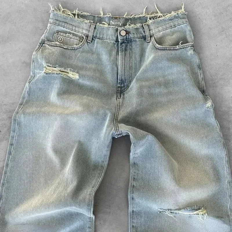 Bxoxo Washed Ripped Distressed Jeans Women and Man Hole Embroidery Wide Leg American Retro Denim Pants Baggy Punk Streetwear