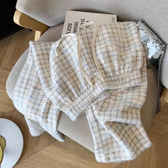 Bxoxo Vintage Houndstooth Women Wide Leg Pants Winter Thick Faux Mink Velvet Loose Straight Trouser High Waist All Match Female Pants