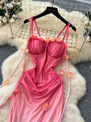 BXOXO Spaghetti Strap Mesh Beach Dress Female 3D Floral Backless Maxi Sundress Holiday Gradient Mermaid Long Party Dress