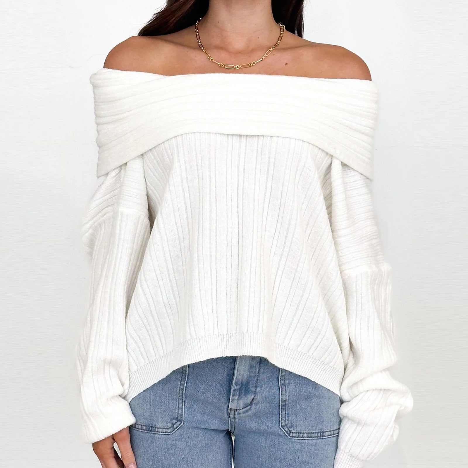 BXOXO Elegant Womens Off Shoulder Sweaters Casual Oversized Batwing Sleeve Sweatshirt Fall Pullover Knit Tops Blouse Outwear