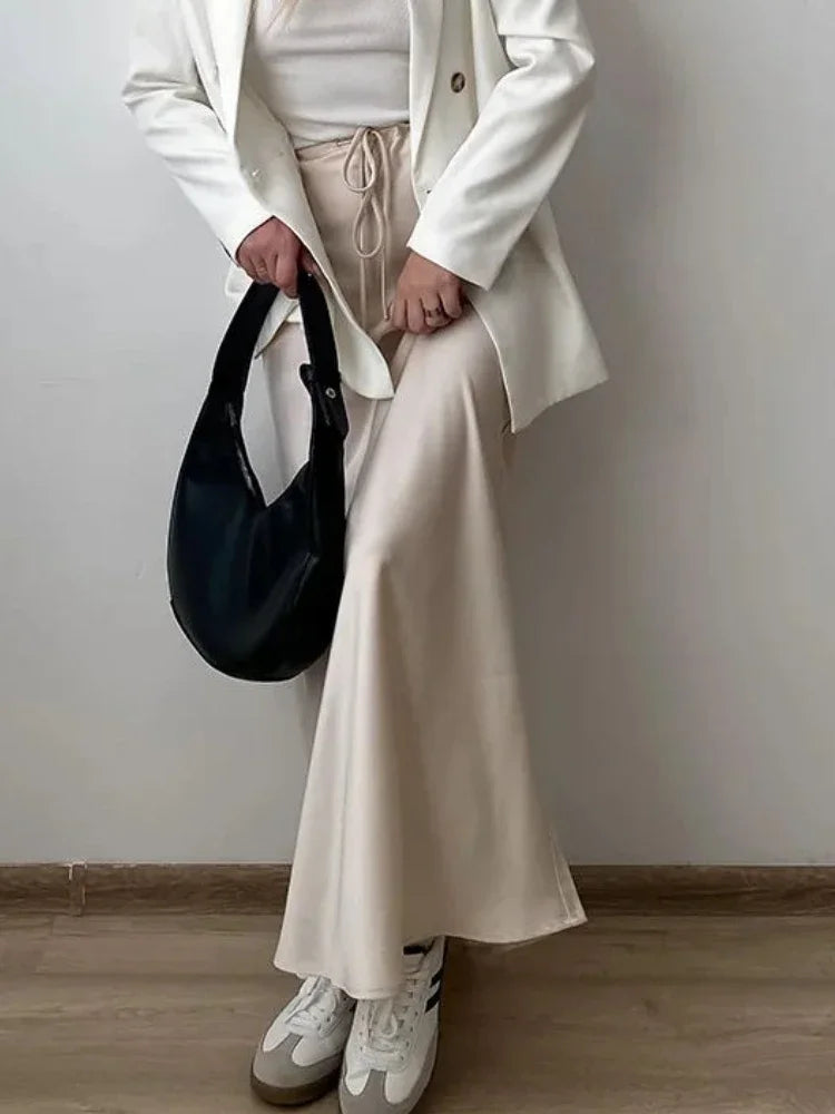 Bxoxo Grey High Waist Skirts for Women Fashion Temperament Elegant Black Satin Skirt Classics Versatile Slim Long Skirt Summer New