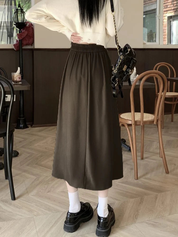 BXOXO Long Pleated Skirt Women Vintage Korean Fashion Solid High Waist A-line Midi Skirt School Girl Elegant Casual Autumn