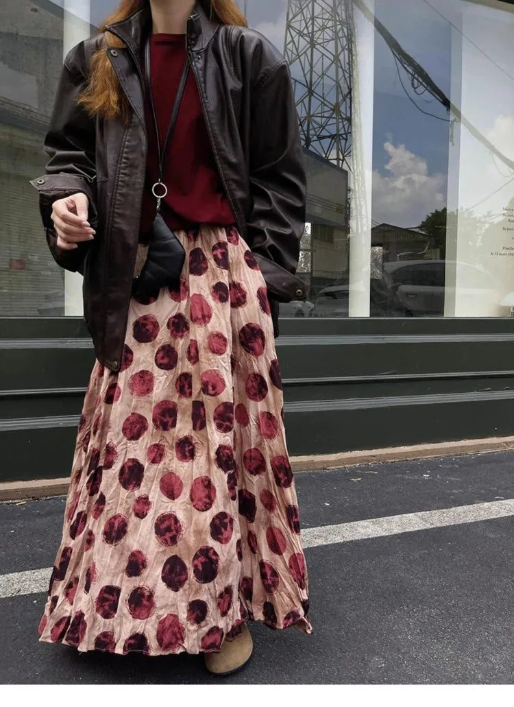 BXOXO Elegant Green Dot Skirt Women Vintage High Waisted Holiday Beach Skirt A Line Skinny Print Tie Dye Pretty Style Skirt