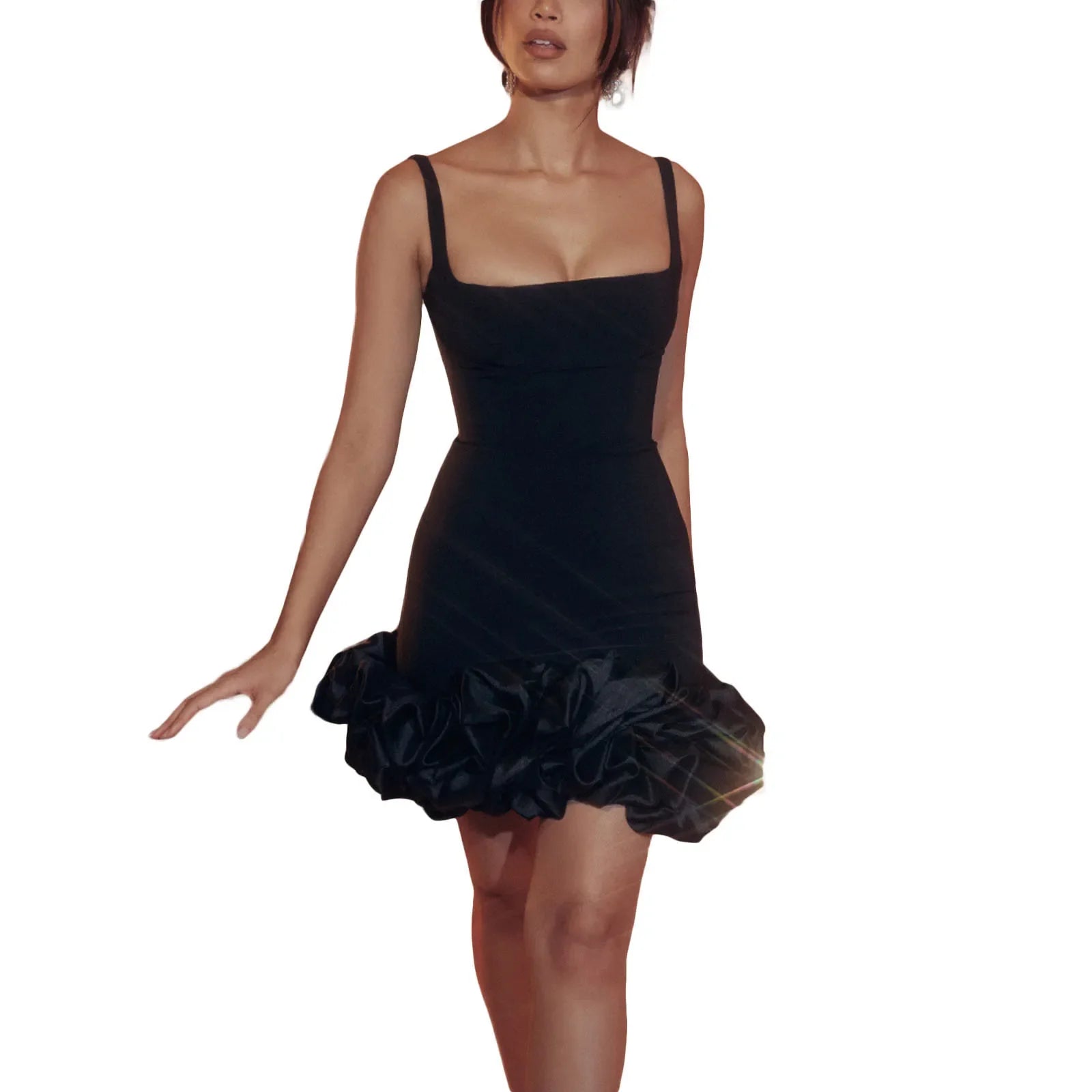 BXOXO Women Formal Party Spaghetti Strap Bodycon Solid Color Pleated Ruffle Hem Sleeveless Sheath/Column Wedding Gown Bodycon Dress