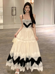 BXOXO Vintage Fashion Women's Black Beige Patchwork Elegant Pleated Evening Party Dress French Summer Sleeveless Backless Slip Dresses
