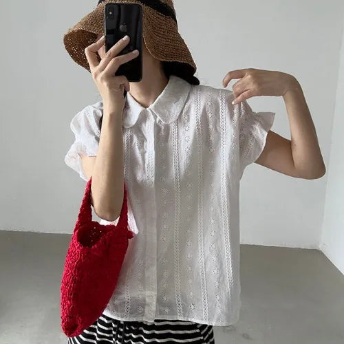 Bxoxo Sweet Embroidered Flower Women's irt Korean Sle Summer New Faion Tea Li Tea Qi Chic Top Beautiful Blouse Bubble Sve
