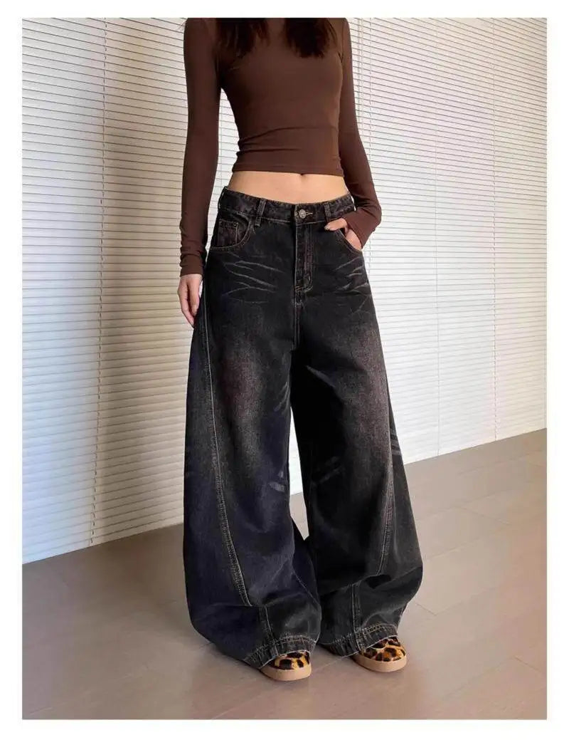 Bxoxo Vintage Washed Black Women's Jeans Wide Leg American Style High Waist Baggy Denim Pants Casual Straight Trousers New