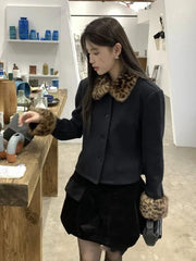Bxoxo Leopard Fur Collar Patchwork Punk Coat Women Korean Loose Streetwear Fur Jackets Y2K Aesthetic Turn Down Collar Crop Outerwear