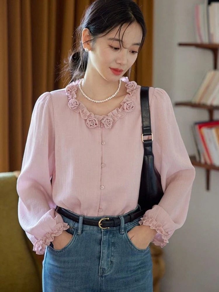 Bxoxo Elegant 3D Floral Blouse Women Vintage Sweet O Neck Long Sleeve Shirt Fall French Retro Casual Female Ruffles All Match Pink Top