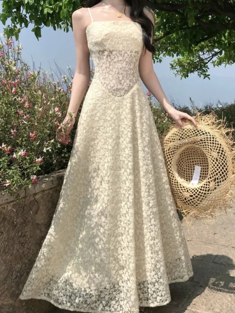 Bxoxo Women's Sexy Hollow Lace Dresses 2025 Summer Elegant French Sling Floral A-Line Full Skirt Long Dress Fashion Holiday Vacation