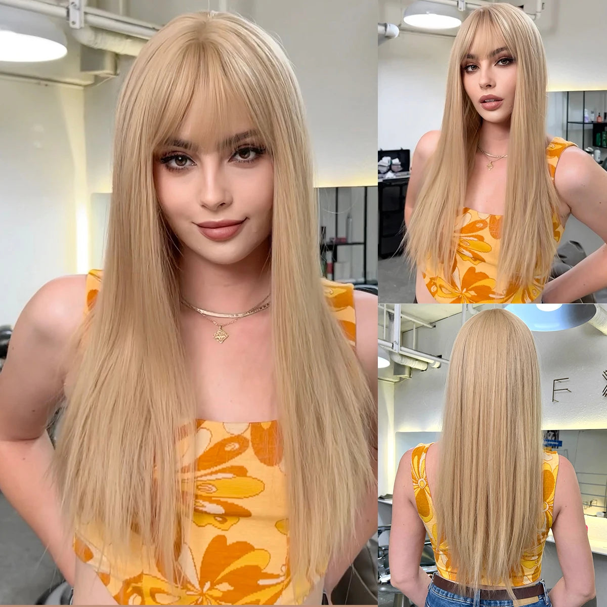 BXOXO Light Blonde Golden Hair Long Silky Straight Synthetic Wig for Women Blonde Natural Hairs Wig Daily Lolita Heat Resistant Wigs