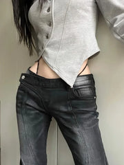 BXOXO American Street Low-waisted Flare Pants Black Gray Gradient Denim Trousers Y2k Vintage Washed Straight Wide Leg