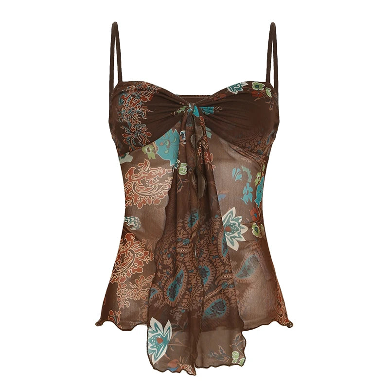BXOXO Retro Mesh Floral Print Camis Sexy See Through Sleeveless Crop Top y2k Vintage Ruffles Tee Summer Holiday Transparent Top
