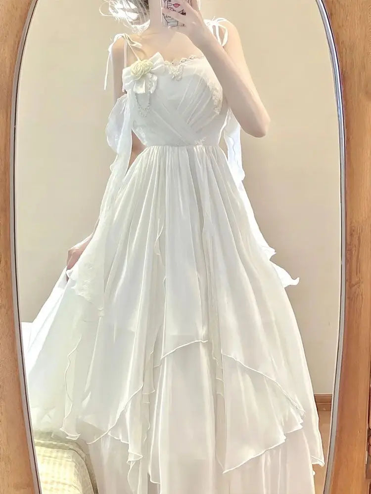 Bxoxo Summer Fairy White Dress Women Slim Fit Maxi, French Ruffle Long Dress Beach Elegant Goddess Style Outfit
