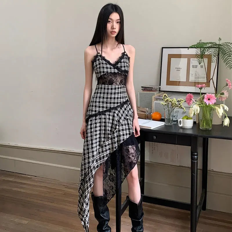 BXOXO Black And White Plaid Women's Dress Lace Splicing Irregular Hem Slimming Strap Long Dress Design Sense Niche Sleeveless