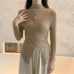 BXOXO Women Sexy Hollow Out Half Turtleneck Knitted Bottoming Jumper Slimming Niche Hem Slit Sweater Pullover Solid