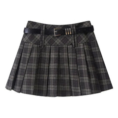 Bxoxo Vintage Plaid Women Pleated Skirts Y2K High Waist Preppy with Belt Mini Skirts Spring Korean All Match Ladies A Line Skirts New