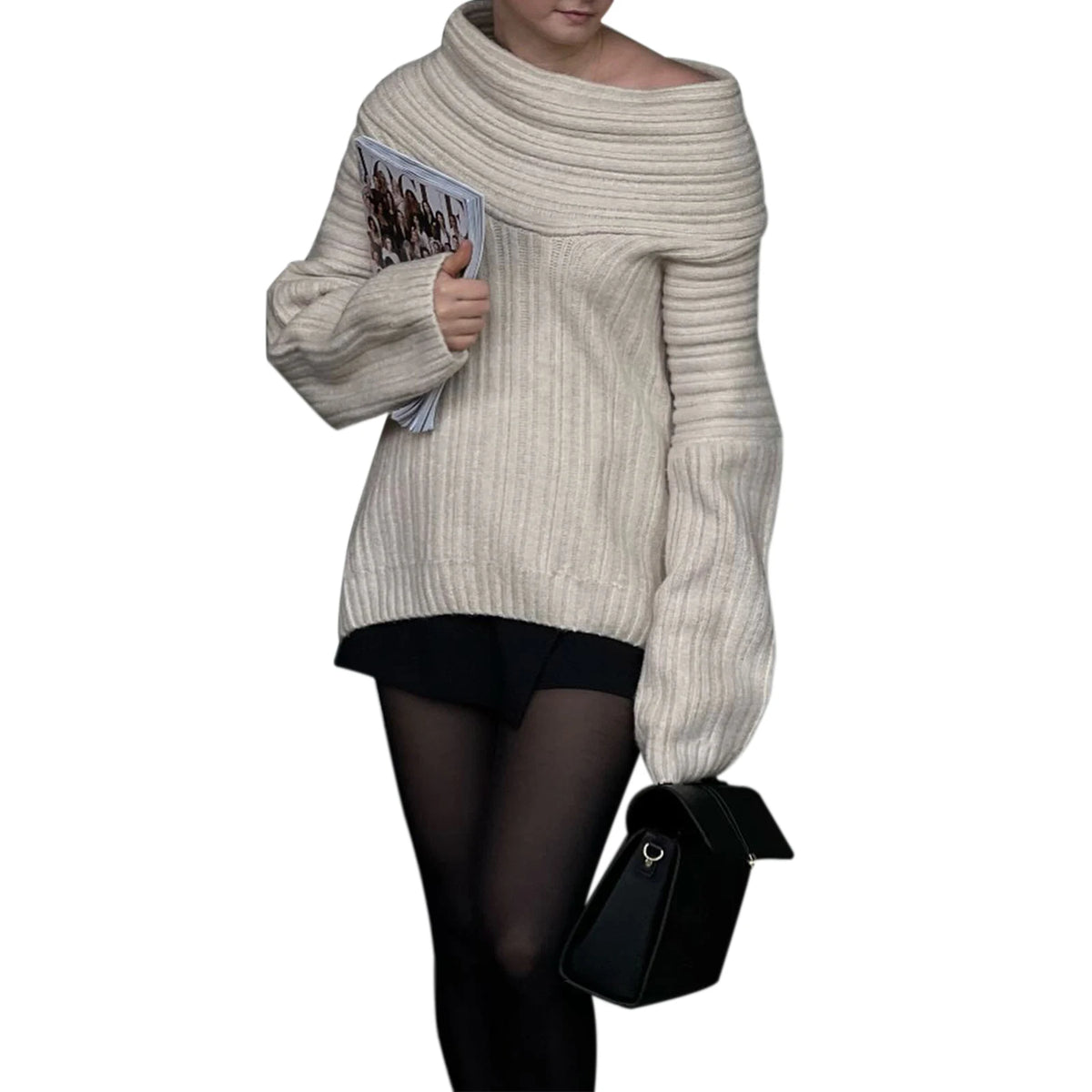 Bxoxo Women y2k Loose Knit Sweater Solid Color Long Sleeve Boat Neck Off Shoulder Pullovers Fall Winter Casual Jumpers Streetwear