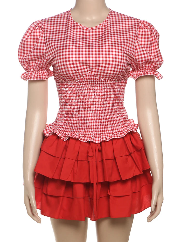 BXOXO Fashion 2-Piece Set Women Plaid Folds Puff Sleeves o-Neck Tops+Multi-Layered Bandage Ruffles Puffy Skirt Matching Suit