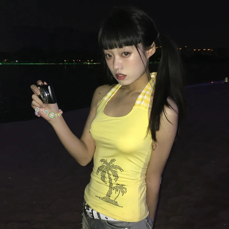BXOXO Y2k Japanese Tank Tops Lace Up Print Graphic Tops Streetwear Sleeveless T Shirt Women Y2k Vintage Backless Summer Tanks