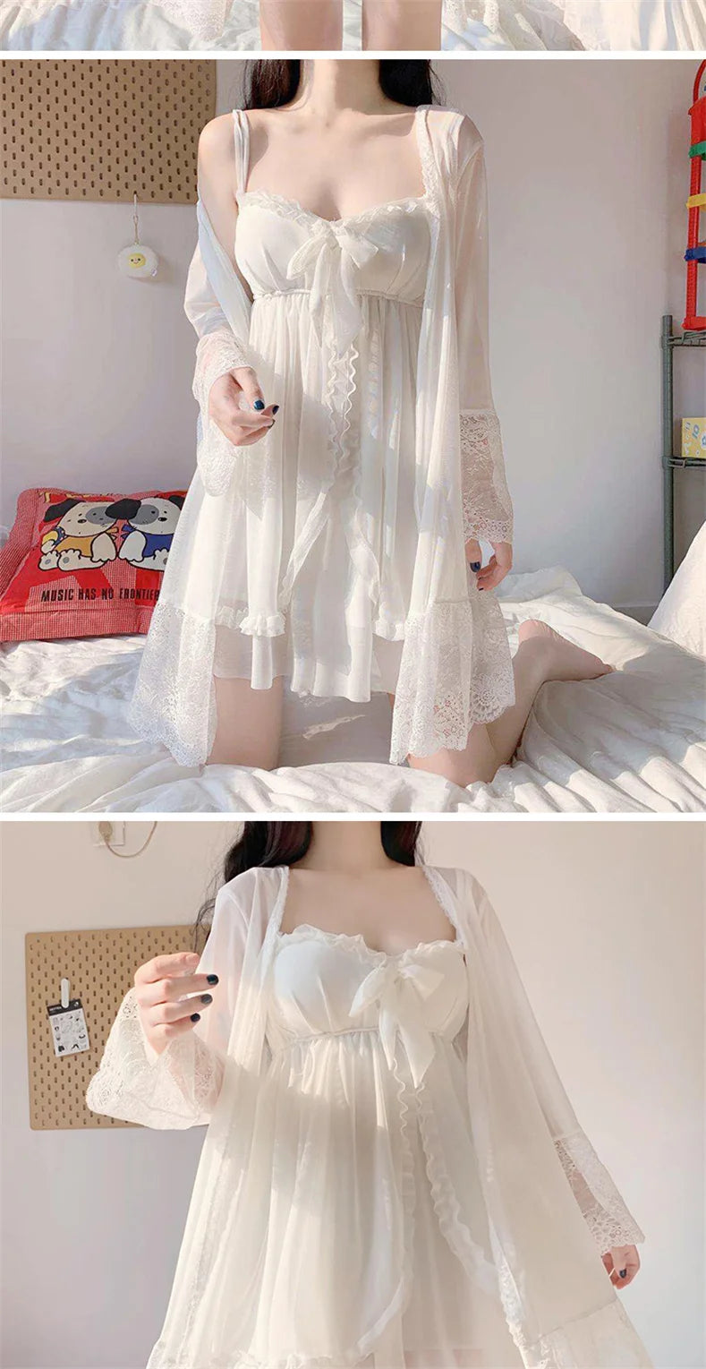 Bxoxo Elegant Sweet Simple Solid White Women Robe Gown Sets Chic Lace Bow Mesh  Sleepwear Breathable Slim Nightdress