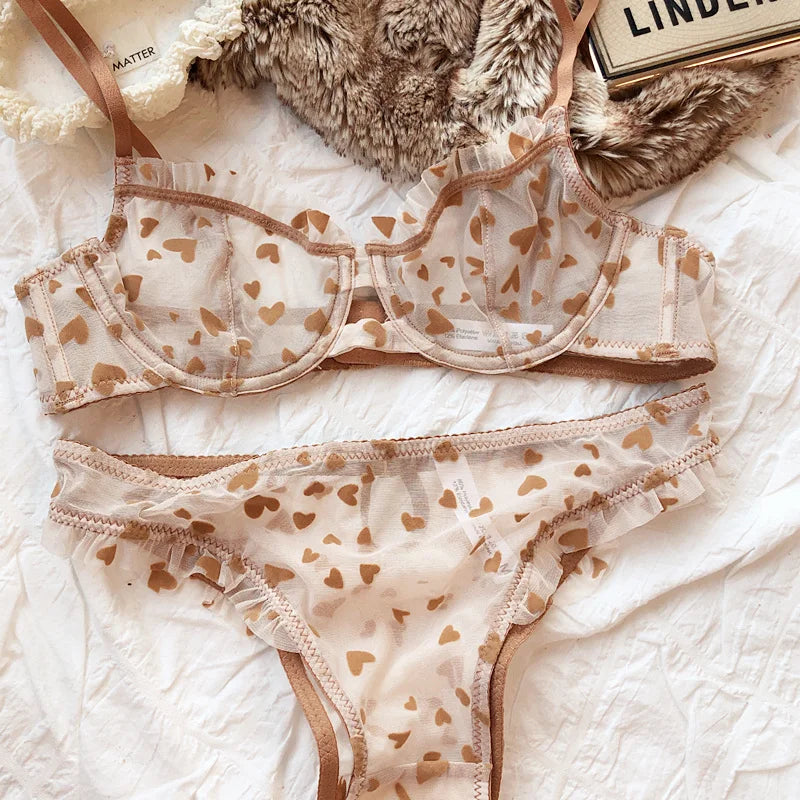 BXOXO New Lingerie Thongs Set Sexy Ultra Thin Transparent Bra Women Underwire Push Up Bra Set Summer Romantic Peach Heart Underwear