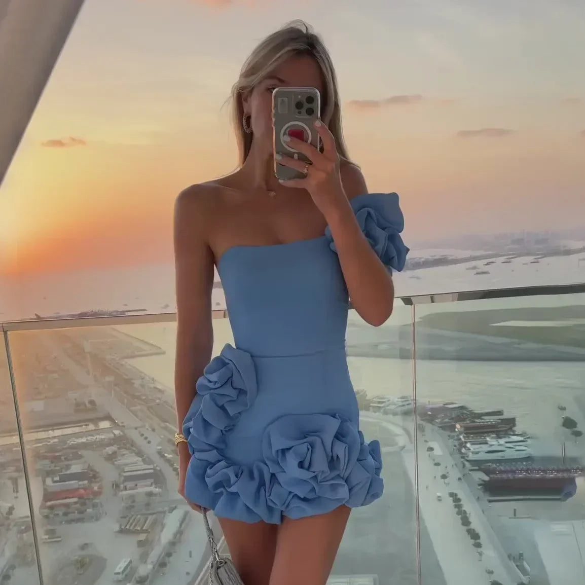 BXOXO Elegant White Mini Dresses 3D Flower Luxury One Shoulder Sleeveless Pleated Cocktail Party Evening Bodycon Dress Female