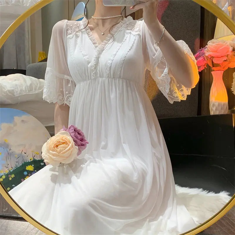 Bxoxo Female White Lace Long Nightgown Sleepwear Retro Palace Style Princess Nightdress Bath Robe Summer Loose Home Dress Nightwear