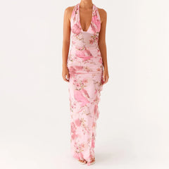 BXOXO Womens Floral Slip Dress Sexy Spaghetti Strap Backless Maxi Dress Slim Fit Long Dress Flowers Print Bodycon Dress