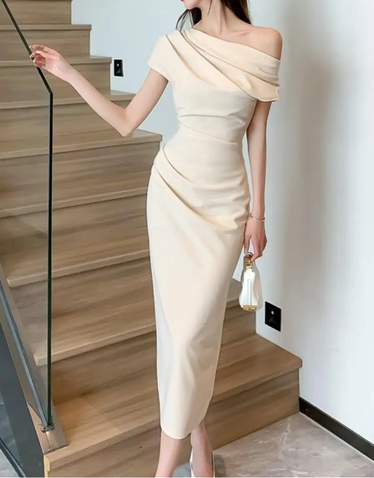 BXOXO Elegant Off Shoulder Evening Party Dresses Women Summer Fashion Slim One Piece Solid Vestidos Korean Graduation Robe Clothing