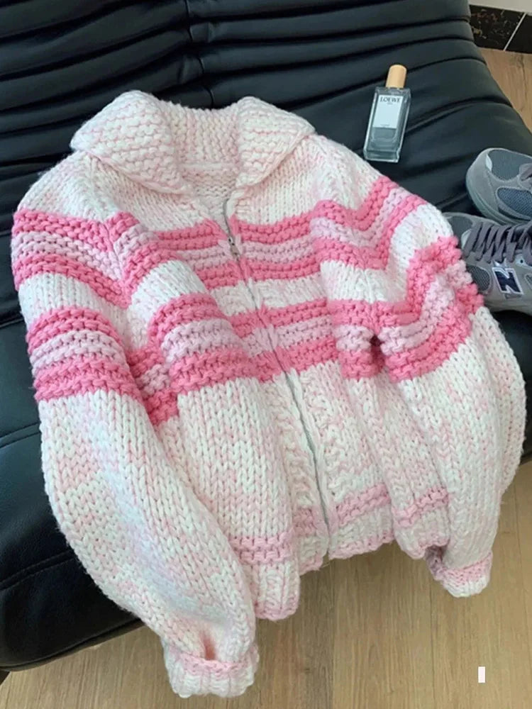 Bxoxo Lazy Wind Women Sweet Cute Cardigan Sweaters Vintage Striped Long Sleeve Loose Knitted Jacket Fall Winter Soft Warm Female Tops
