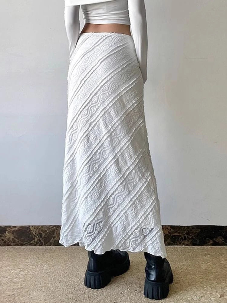 Bxoxo Elegant White Lace Long Skirt Women Vintage Slim Sexy Slit Streetwear Skirts Summer Retro High Waist Design Lady Long Skirt