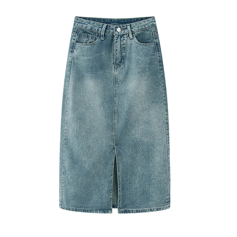 Bxoxo Summer New High-waist Slit Denim Skirt For Women Washed Retro A- line Skirt Hip-covering Straight Long Skirt