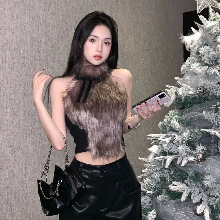 BXOXO 2025 Spring New Bow Halter Camisole Mujer Sexy Slim Fit Fluffy Vest for Women Y2k E-Girl Sleeveless Bottoming Tank Top