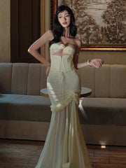 BXOXO Hollow Sexy Patchwork Mesh Fishtail Dress Women Ruffles Bandage Elegant Temperament Vacation Birthday Party Vestidos