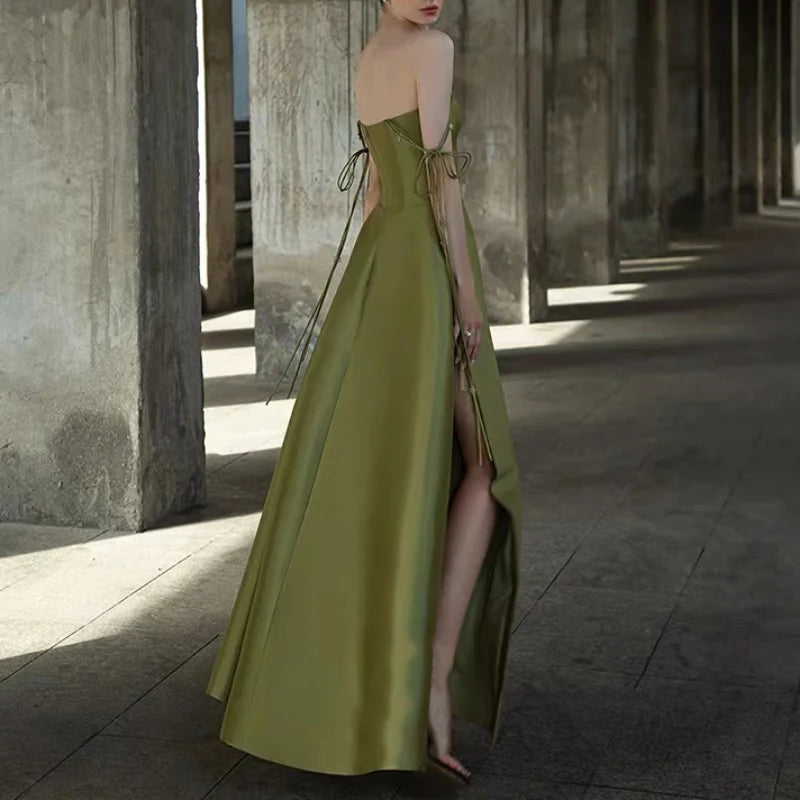 BXOXO Customized Elegant Strapless A-line Olive Green Evening Dress Vintage Spaghetti Strap Boat Neck Pleat Satin Party Prom Gown Quin