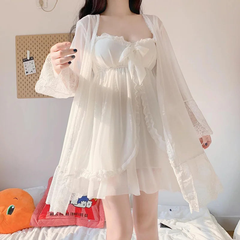 Bxoxo Elegant Sweet Simple Solid White Women Robe Gown Sets Chic Lace Bow Mesh  Sleepwear Breathable Slim Nightdress