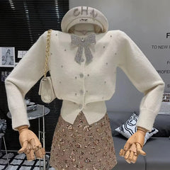 Bxoxo Korean Sweet Diamonds Knit Cardigan Women Autumn Chic Beaded Bow Design Slim Sweaters Solid Long Sleeve Single Breasted Tops