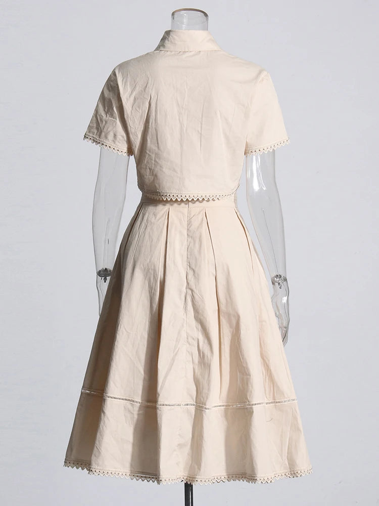 Bxoxo Elegant Two Piece Sets For Women Lapel Short Sleeve Tops High Waist A Line Pleated Skirts Solid Set Female Summer 2023