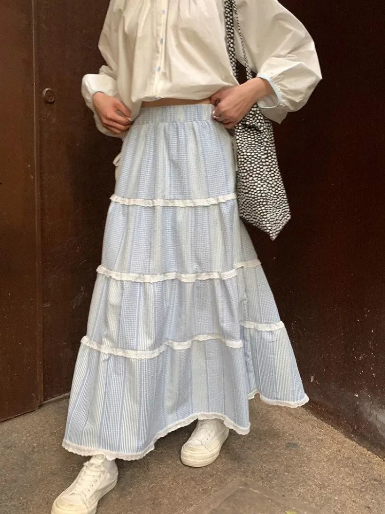 BXOXO Woman Skirts Sweet Lace Patchwork Stretch High Waist Loose Summer 2025 Fashion Plaid Cake Skirt Ladies Casual Chic