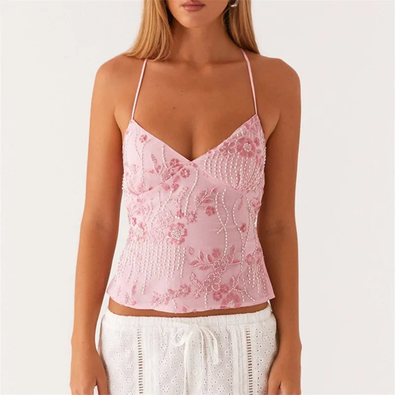 BXOXO Sequin Halter Crop Tops for Women Y2k Pearl Embellished Cami Tops Summer Glitter V Neck Rhinestone Camisole Tank Shirt