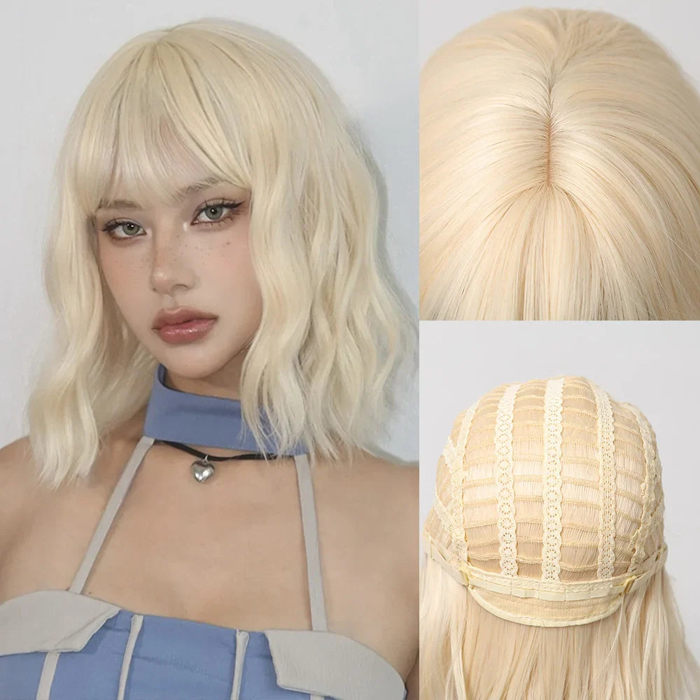 BXOXO Blonde Short Curly Bob Synthetic Wigs with Bangs Platium Golden Lolita Cosplay Wigs for Women Daily Party Cosplay Heat Resistant