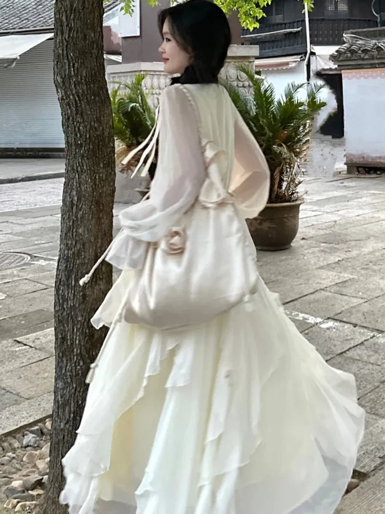 Bxoxo French Fairycon Ruffles Dresses For Women's 2025 New Summer Fashion V-Neck White Long Puff Sleeve Dress Holiday Beach Vestiods