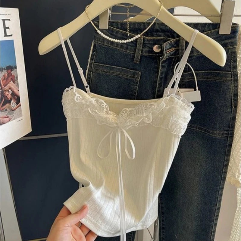 BXOXO Sweet Lace Patchwork Crop Tank Top Female 2025 Women's Clothing Sling Slim Waist Tank Korean Summer Sexy Club Camis Ropa Mujer