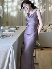 Bxoxo Women's Elegant Summer Party French Dresses Sexy Satin Swing-Collar Slim Bodycon Evening Mermaid Dress Chic Prom Female Clothes