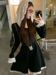 Bxoxo Women's French Lace Patchwork Y2K Dress Hooded Long Sleeves Slim Waist A-Line Short Skirt 2025 New Spring Summer Chic Vestidos
