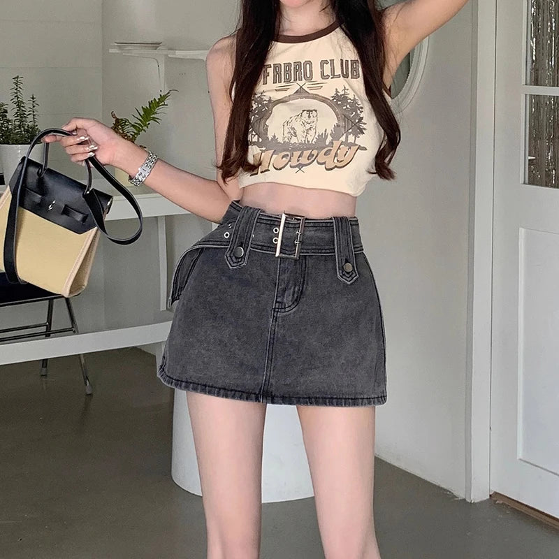 Bxoxo Mini Denim Skirt Women Vintage Sexy High Waist Belt A-line Slim Jeans Skirt Casual Y2K Skort Summer Korean Streetwear